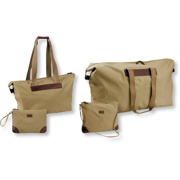 LL BEAN Unisex Stowaway Tote Nylon Leather Duffle & Travel Case Tan Vintage Y2K - Picture 1 of 12